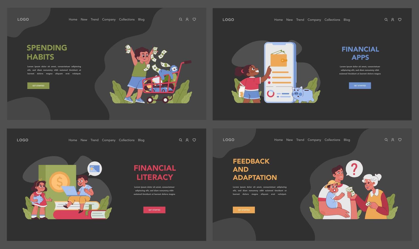 Pocket money dark or night mode web or landing set. Kids learning financial vector