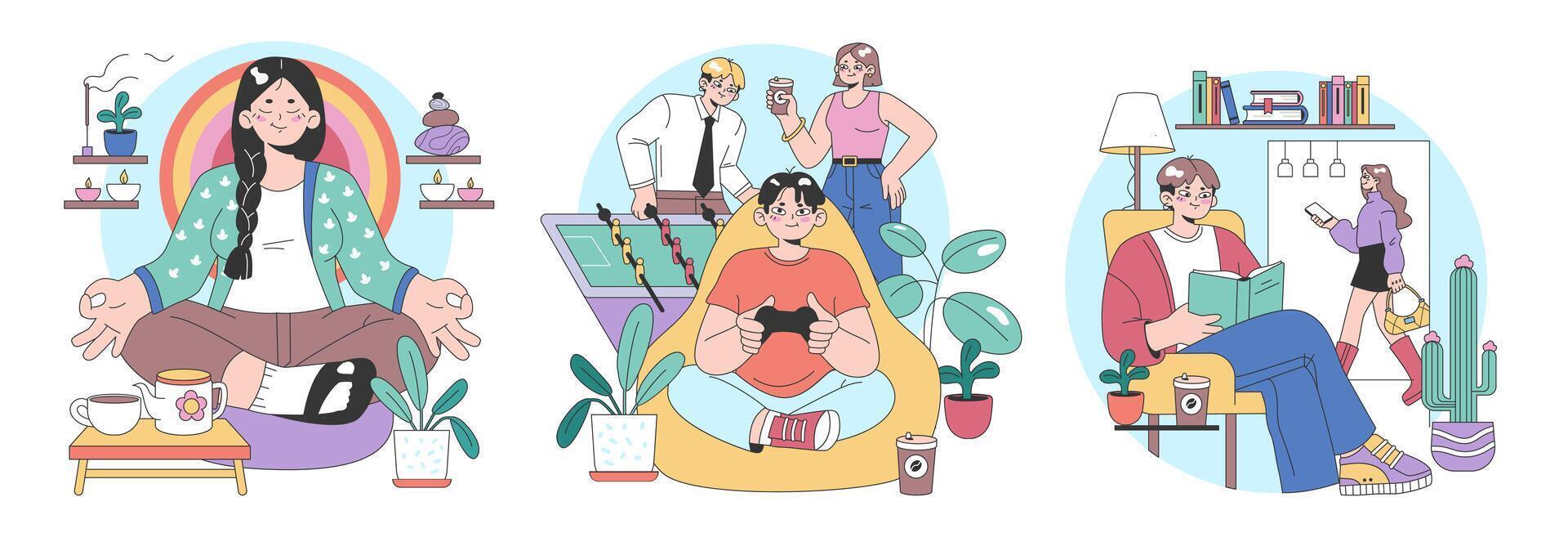 Indoor leisure moments set. Flat vector illustration
