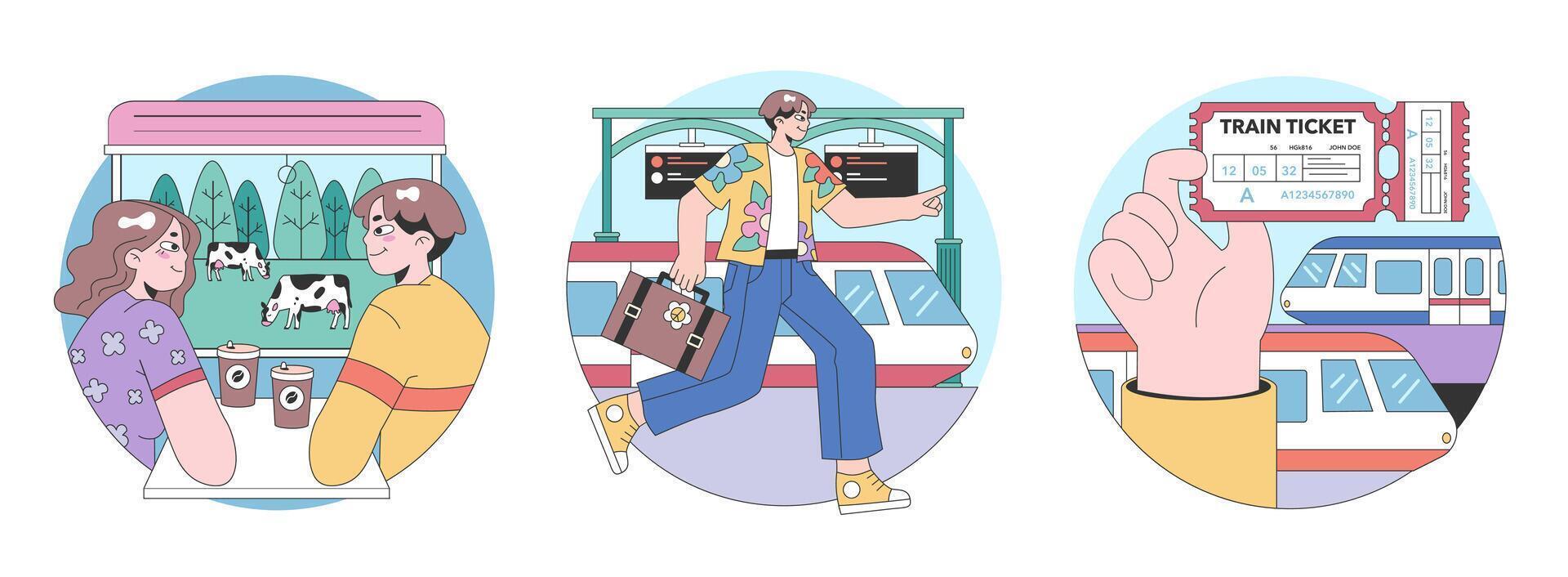 Train trip set. Characters traveling by train. Passengers with luggage vector