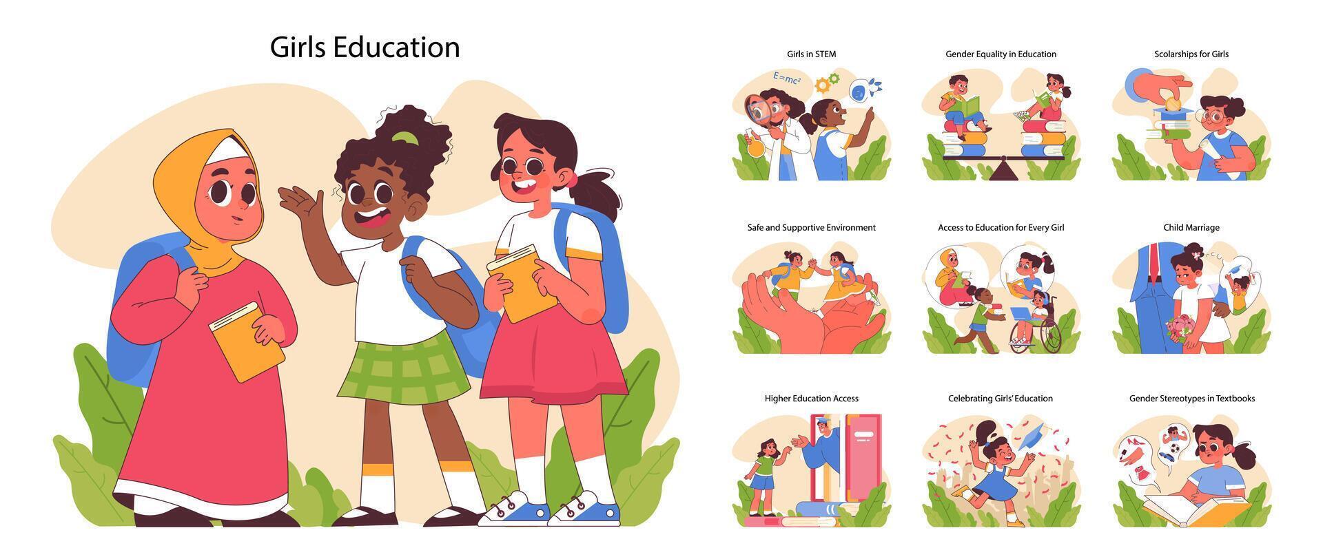 Girls education set. Flat vector illustration