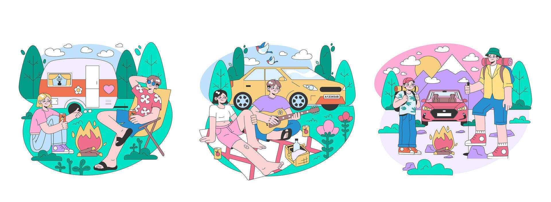 Road trip set. Young people or family going on vacation by a car. vector