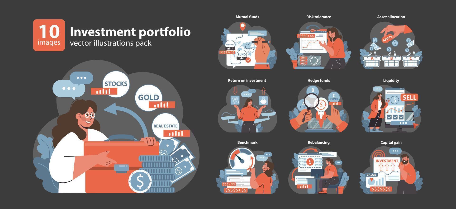 Investment portfolio set. Flat vector illustration.