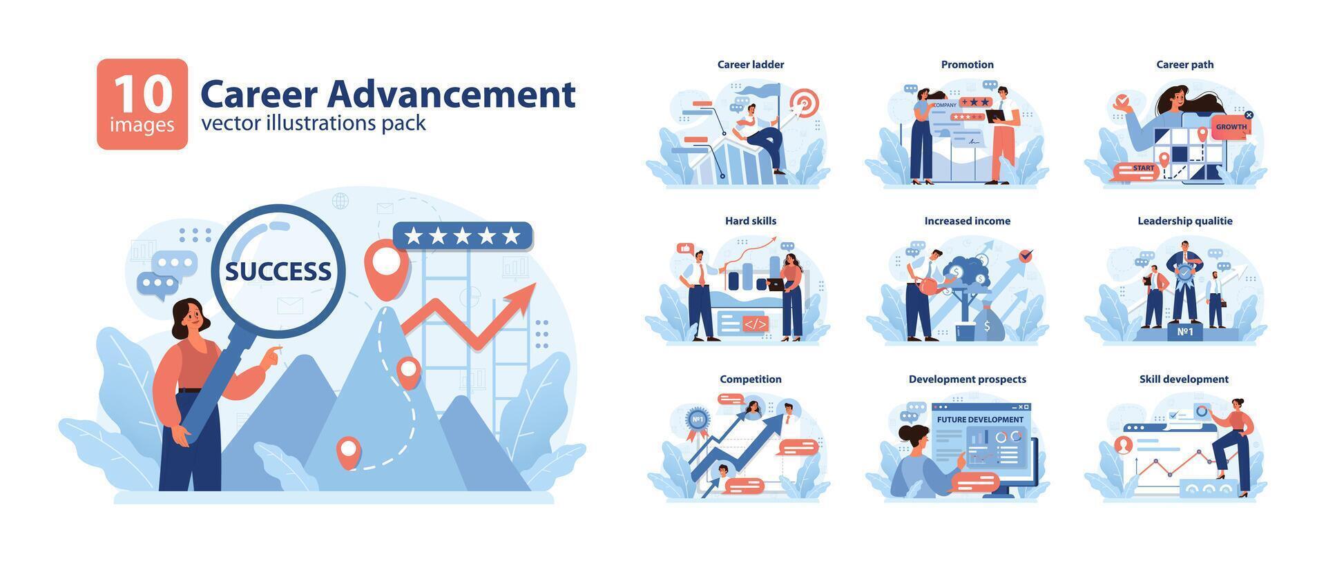 Career Advancement set explores professional growth, showcasing promotion. vector