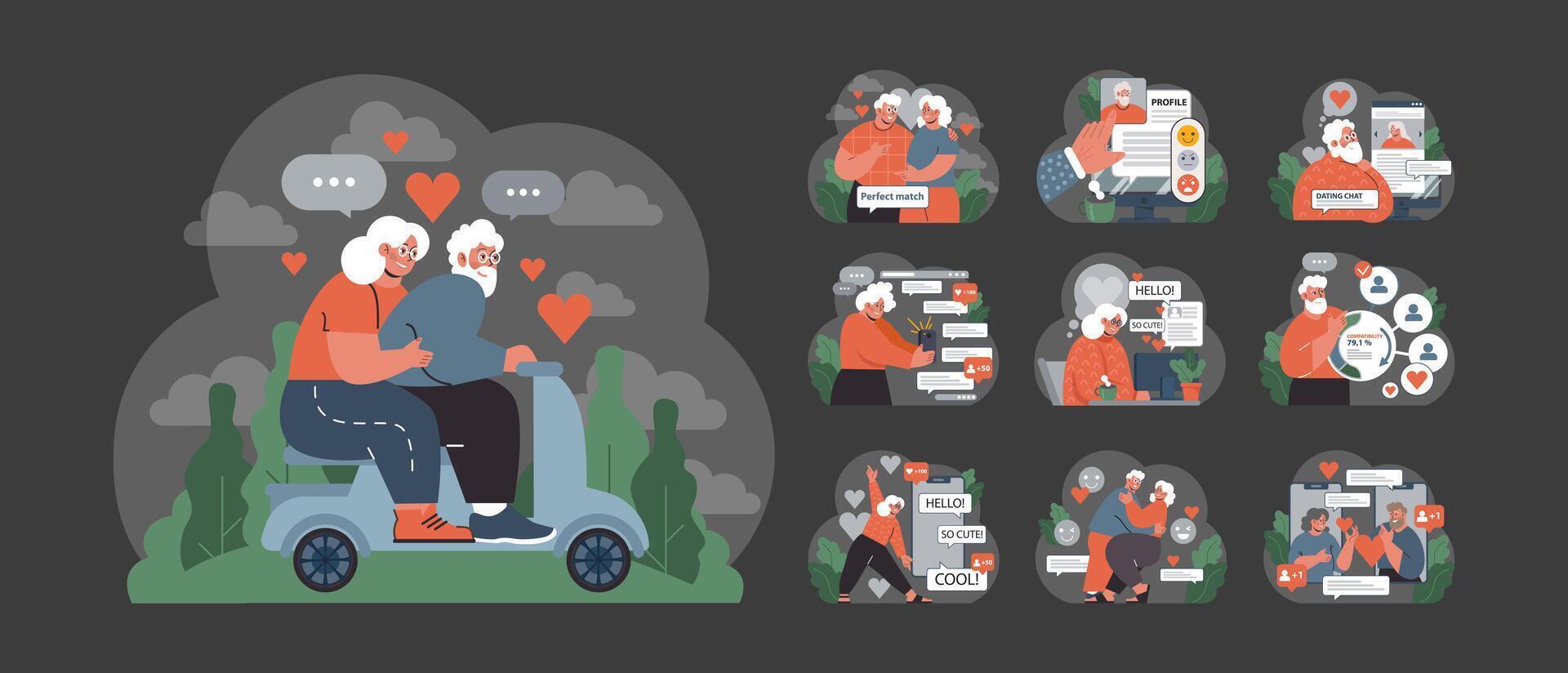 Elderly love set. Flat vector illustration