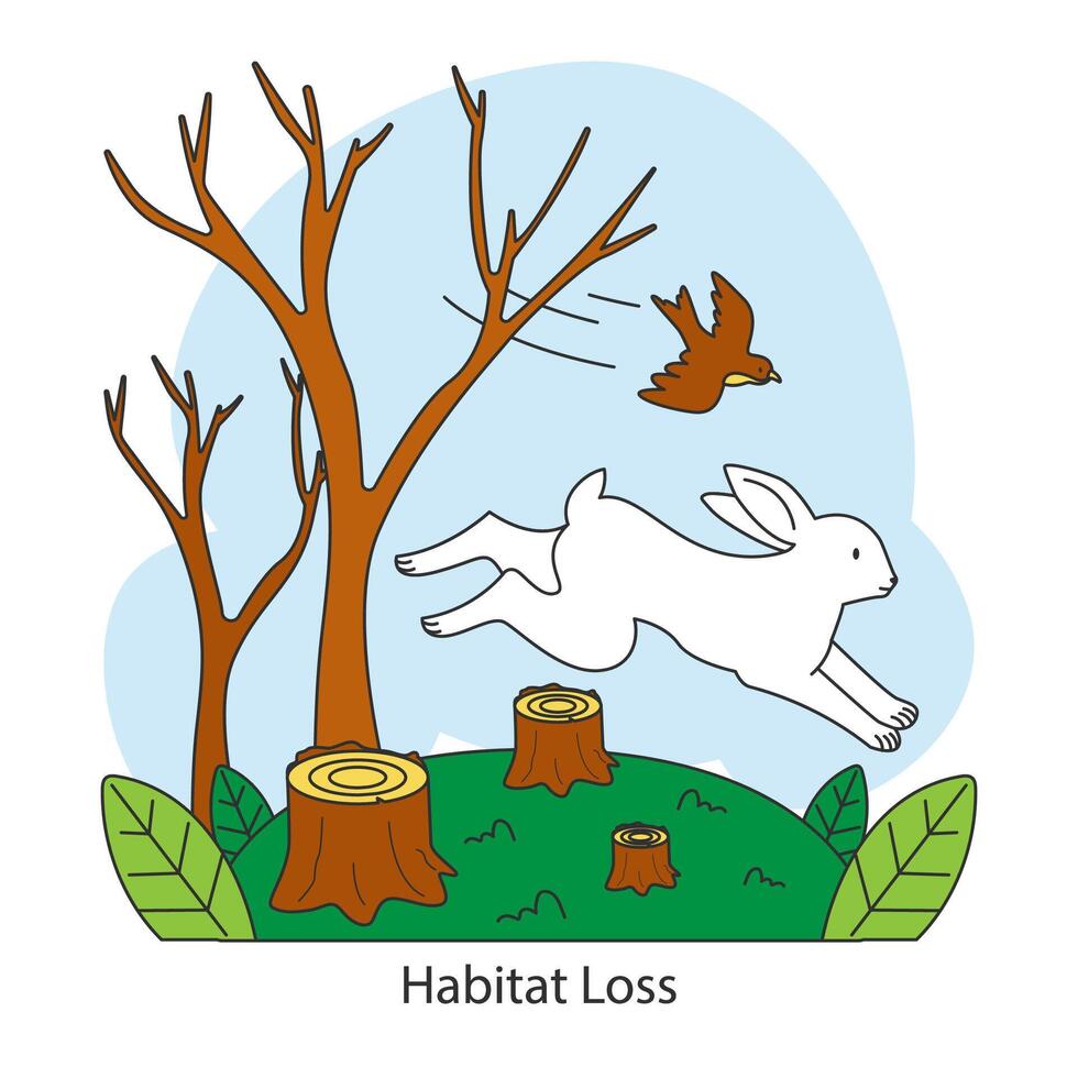 Habitat loss. Animals flee a deforested area. Tree stumps, a running vector