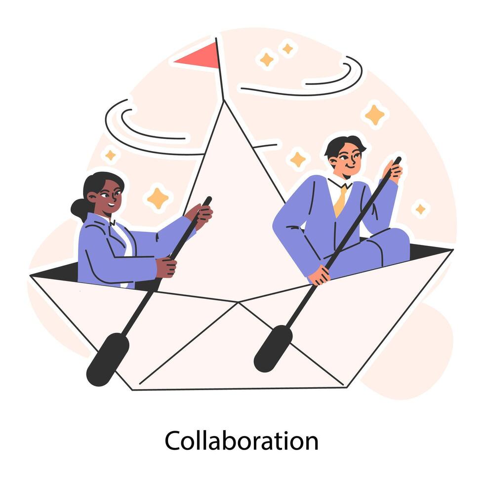 Collaboration. Two professionals navigate a paper boat. Joint venture. vector