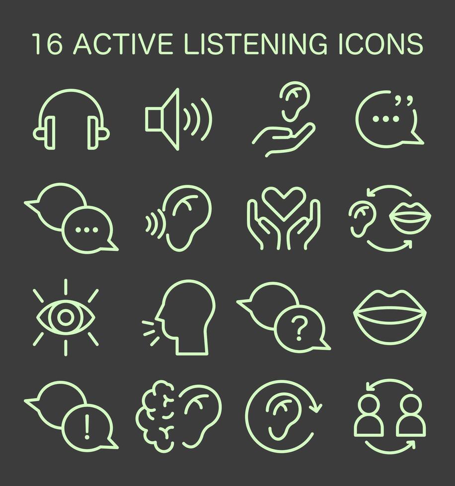 Active listening skill icons set. Symbol of attentiveness soft skill. Conversation, vector