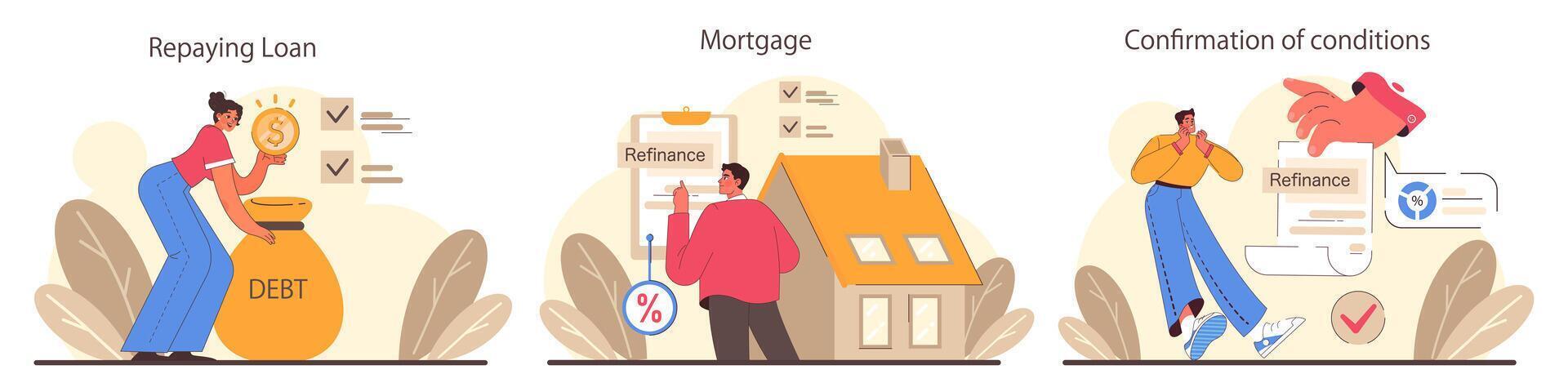 Refinance process set. Loan rate reduction to lender agreements. vector