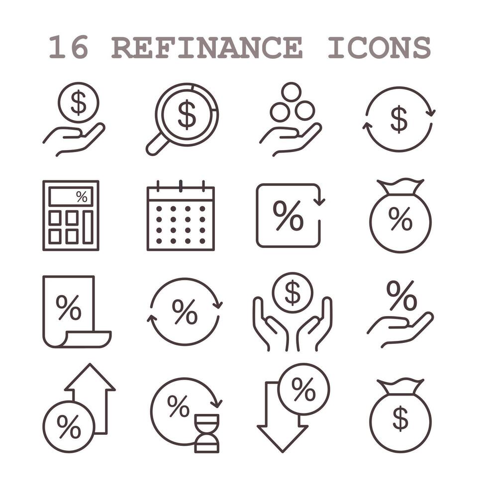 Refinance process icon set. Loan rate reduction to lender agreements vector