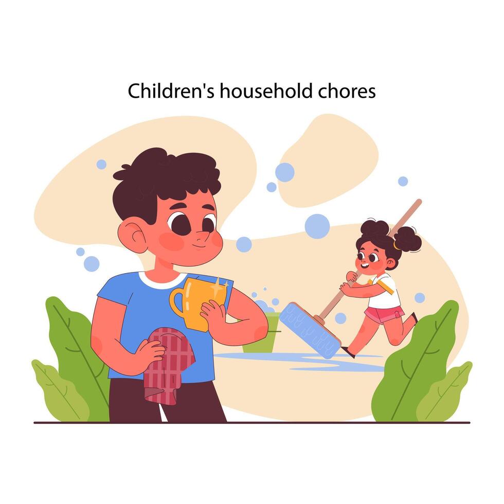 Child doing household chores. Formation of your child's responsibility. vector