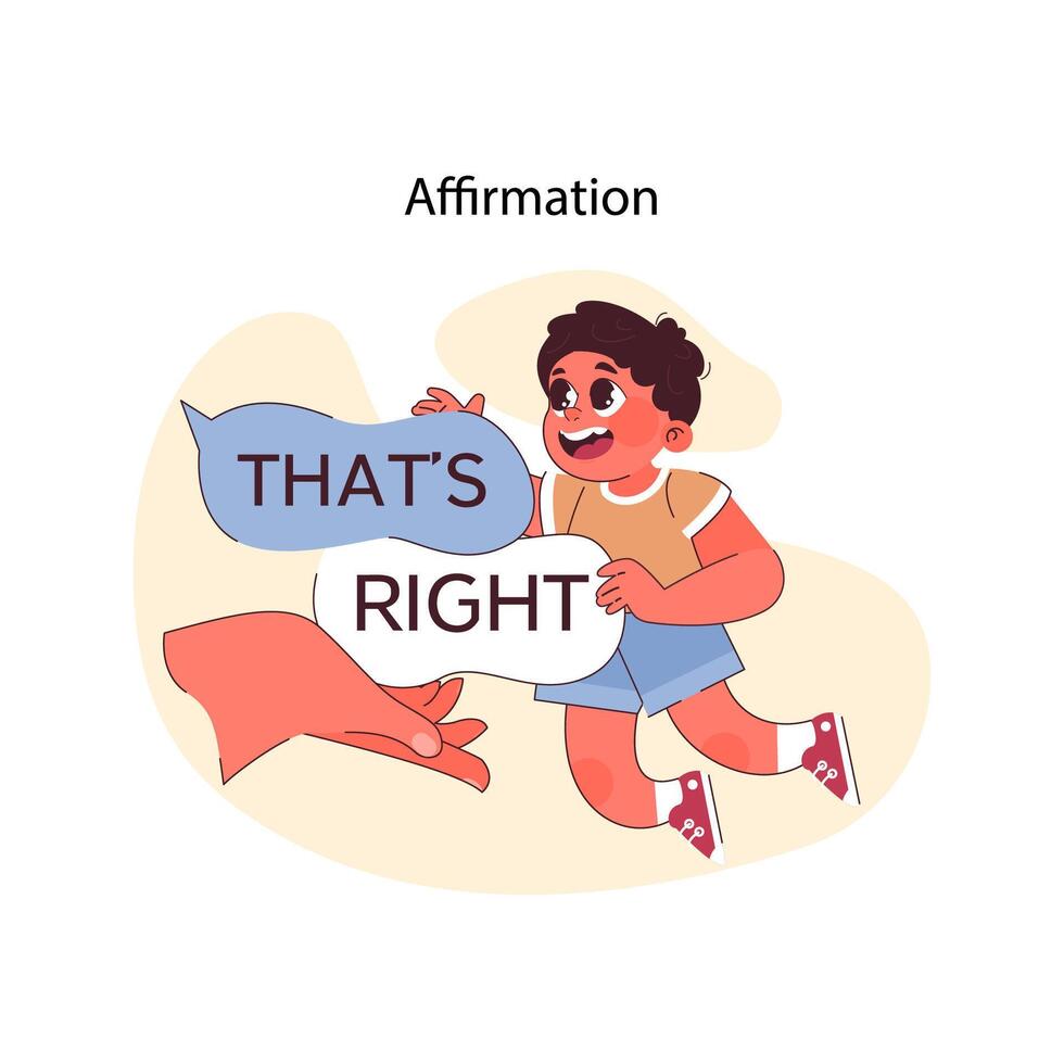 Affirmation concept. Delighted boy holding supportive speech bubble, vector