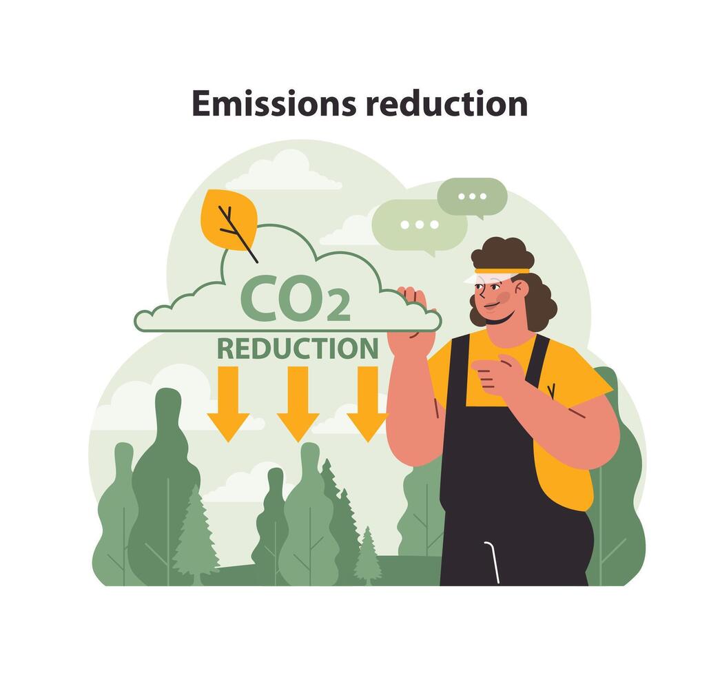 hombre promueve co2 reducción en medio de naturaleza. plano vector ilustración.