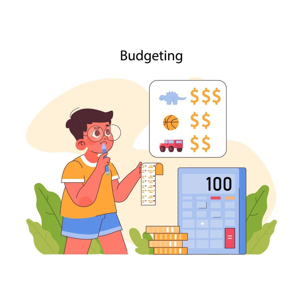 Budgeting concept. Boy calculates and assesses toy costs against savings vector
