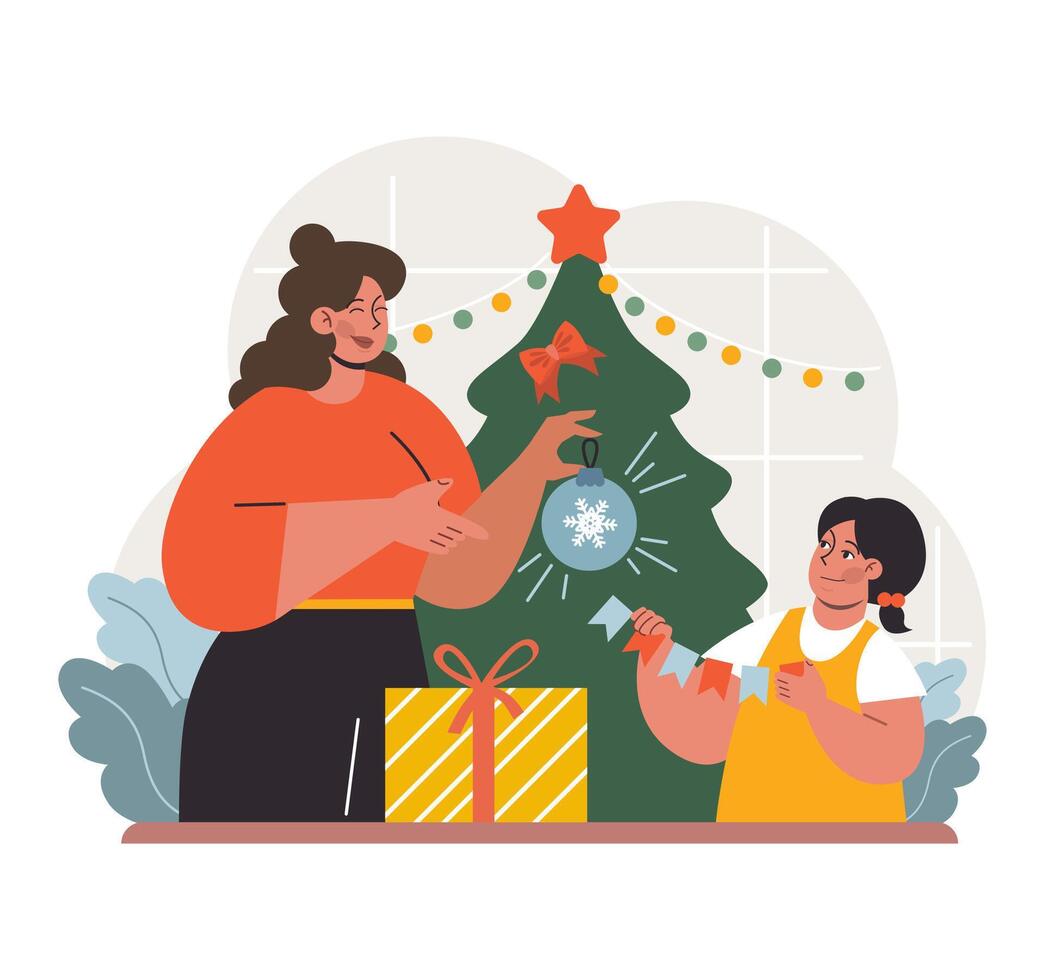 People celebrate christmas and new year. Cheerful family members, mom vector