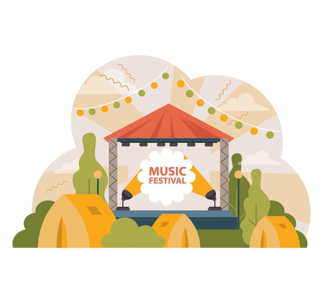Outdoor music festival stage set amidst nature. Flat vector illustration