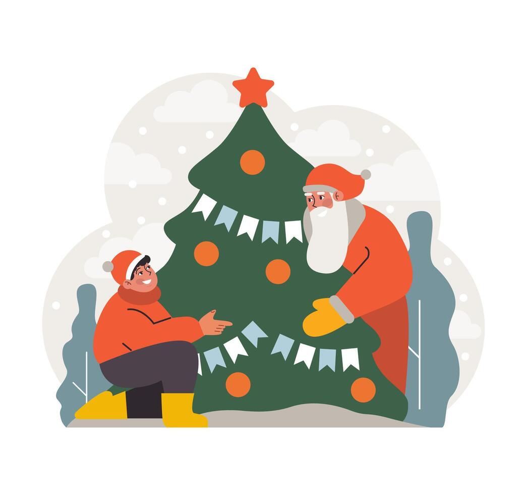 Navidad celebracion. Papa Noel claus y pequeño chico junto a un Navidad árbol. vector