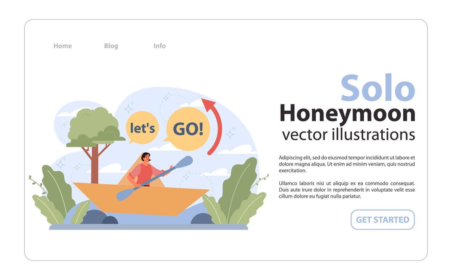 Solo travel, honeymoon web banner or landing page. Female character vector