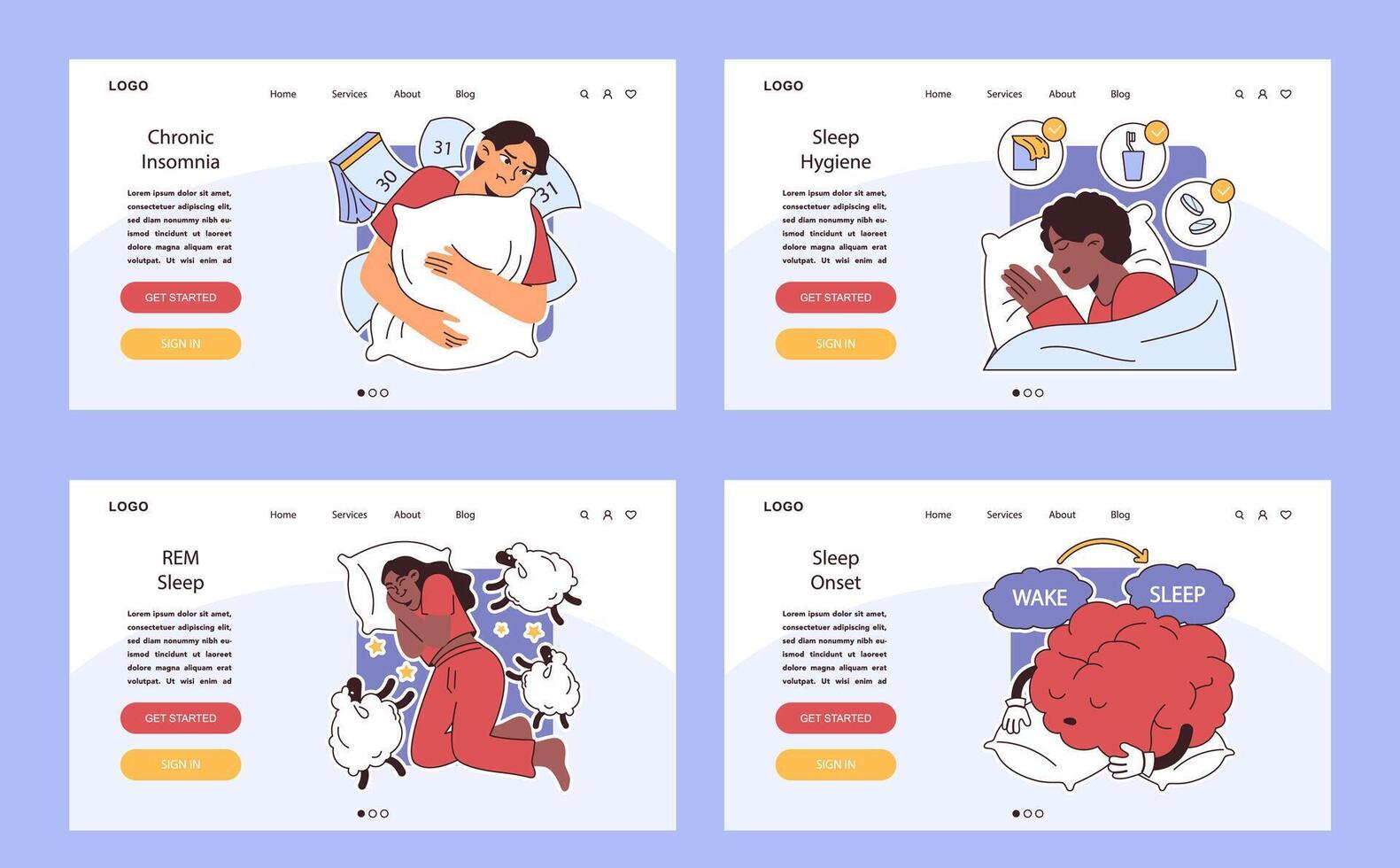 Insomnia web or landing set. Diverse characters suffering from sleep vector