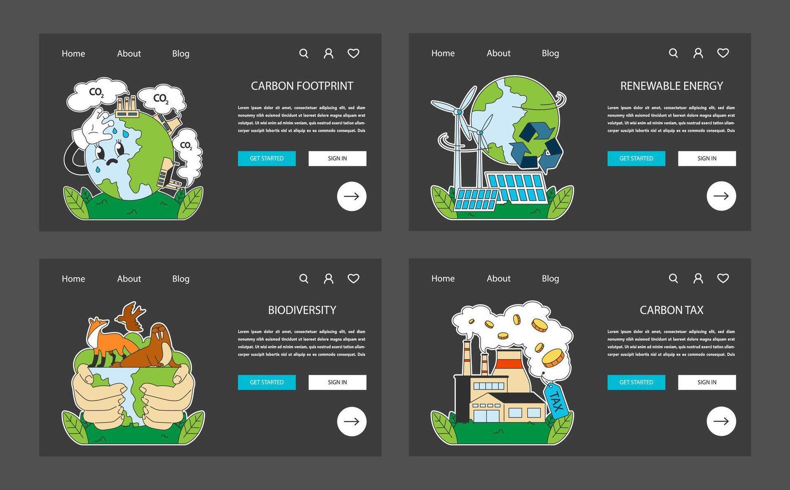 Climate change night or dark mode web banner or landing page set. vector