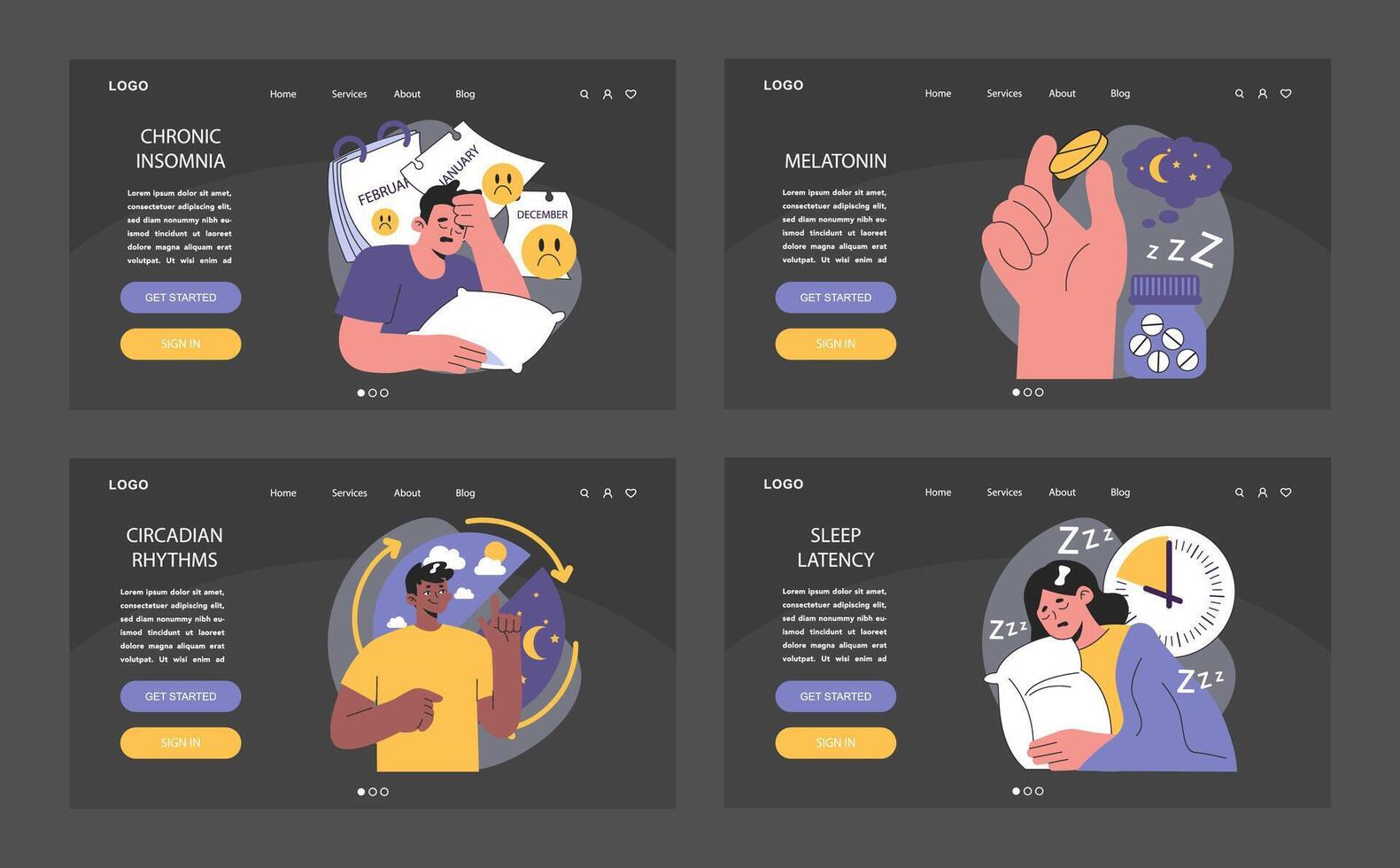 Insomnia dark or night mode web, landing set. Diverse characters suffering vector