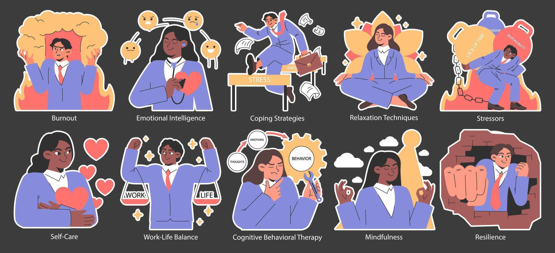 Stress management night or dark mode set. Diverse office characters vector