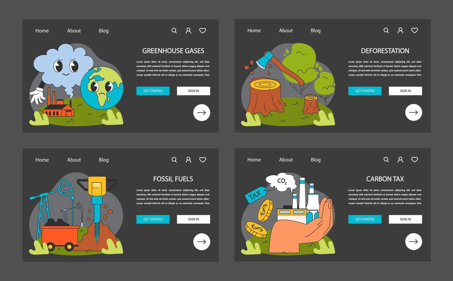 Climate change night or dark mode web banner or landing page set. vector