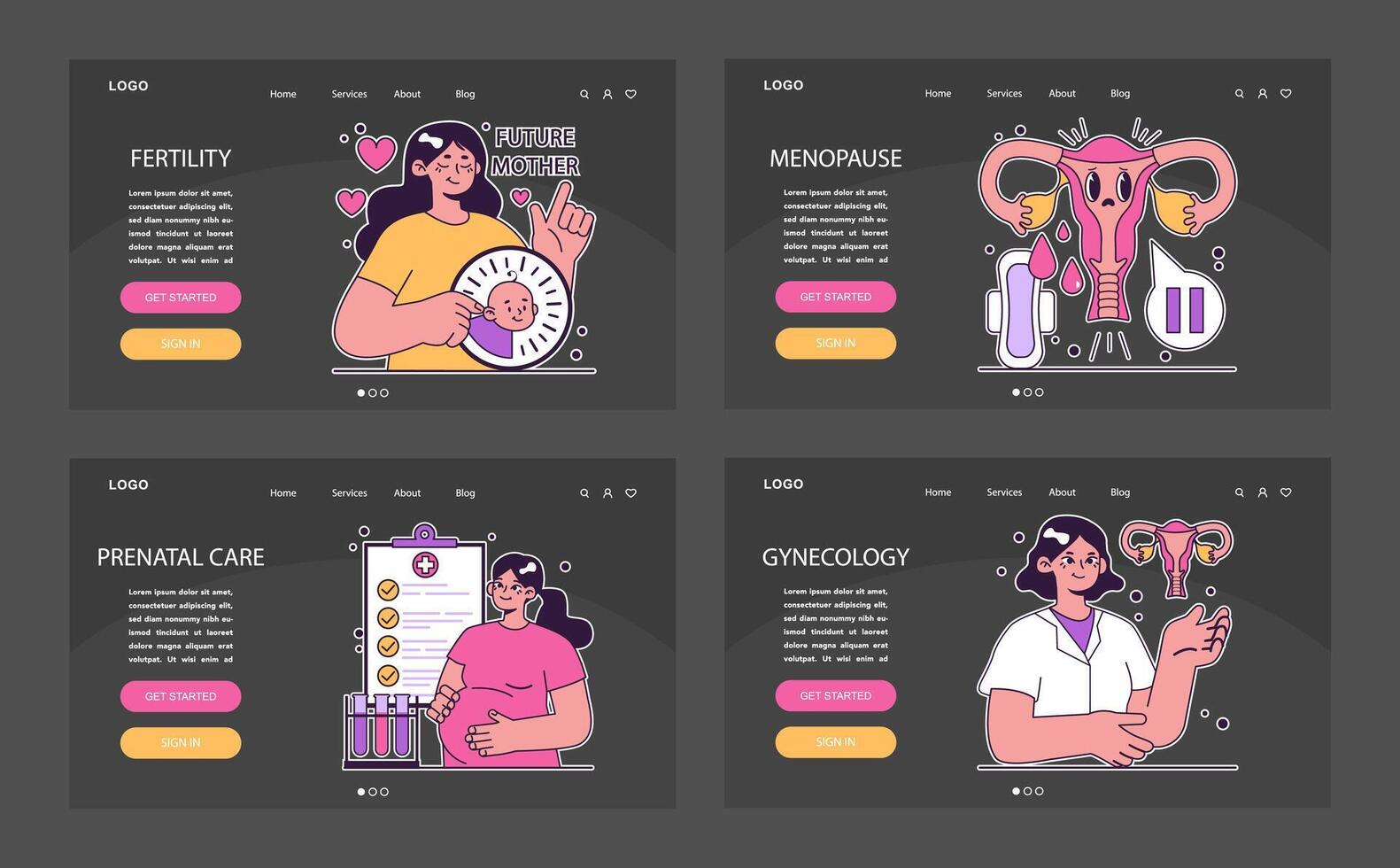 Reproductive health dark or night mode web or landing set. Pregnancy vector