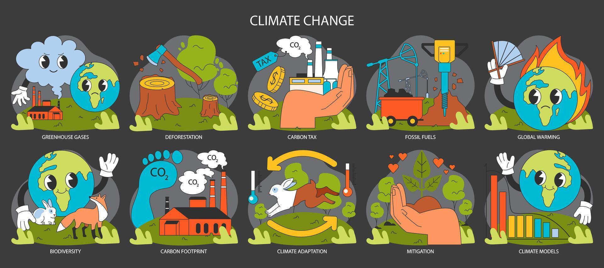 Climate change night or dark mode set. Planet temperature rising vector