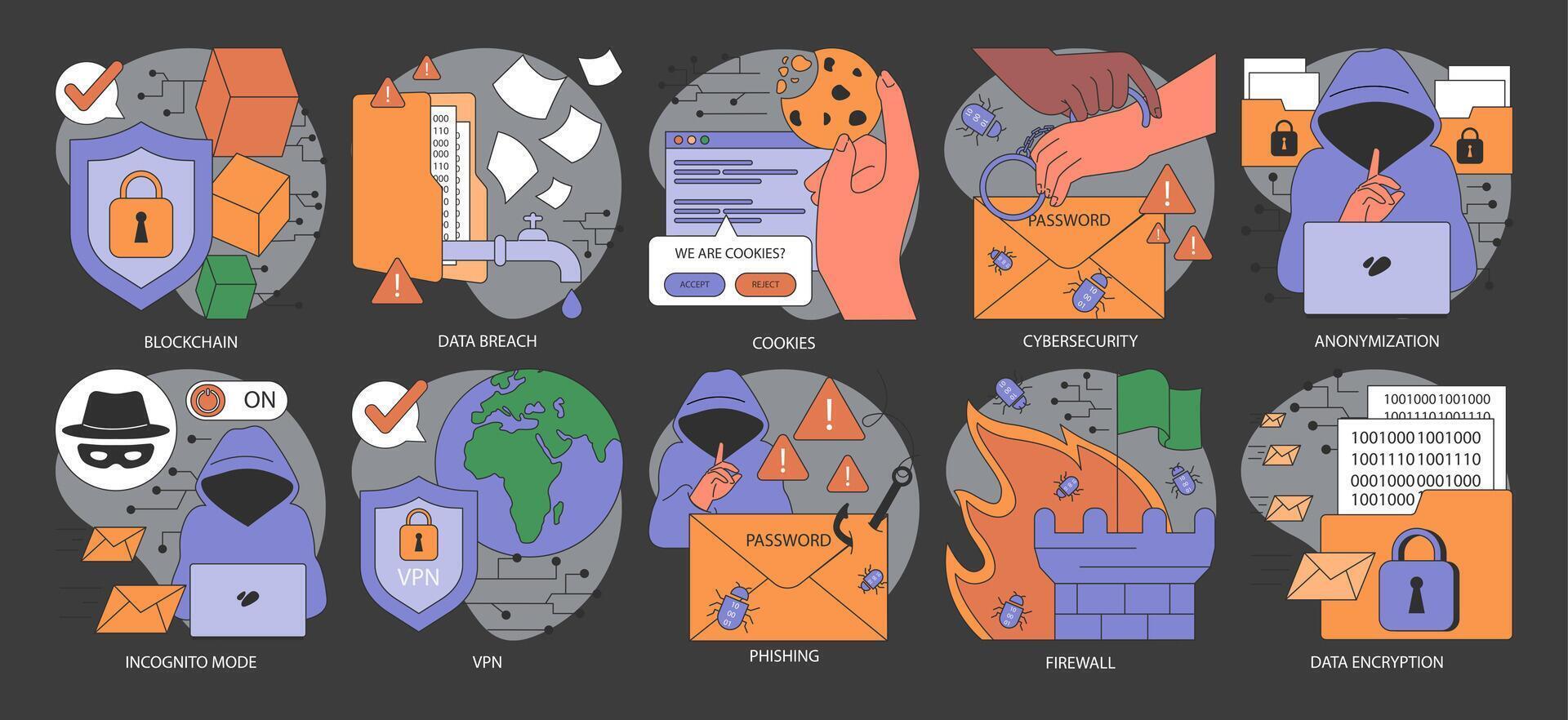 Data privacy dark or night mode set. Cyber or web security. Database vector