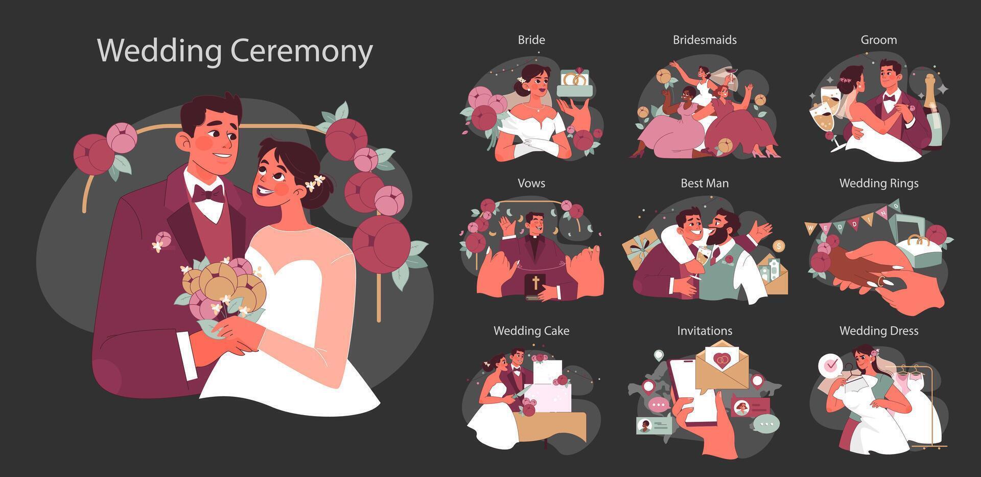 Wedding Ceremony set. Flat vector illustration.