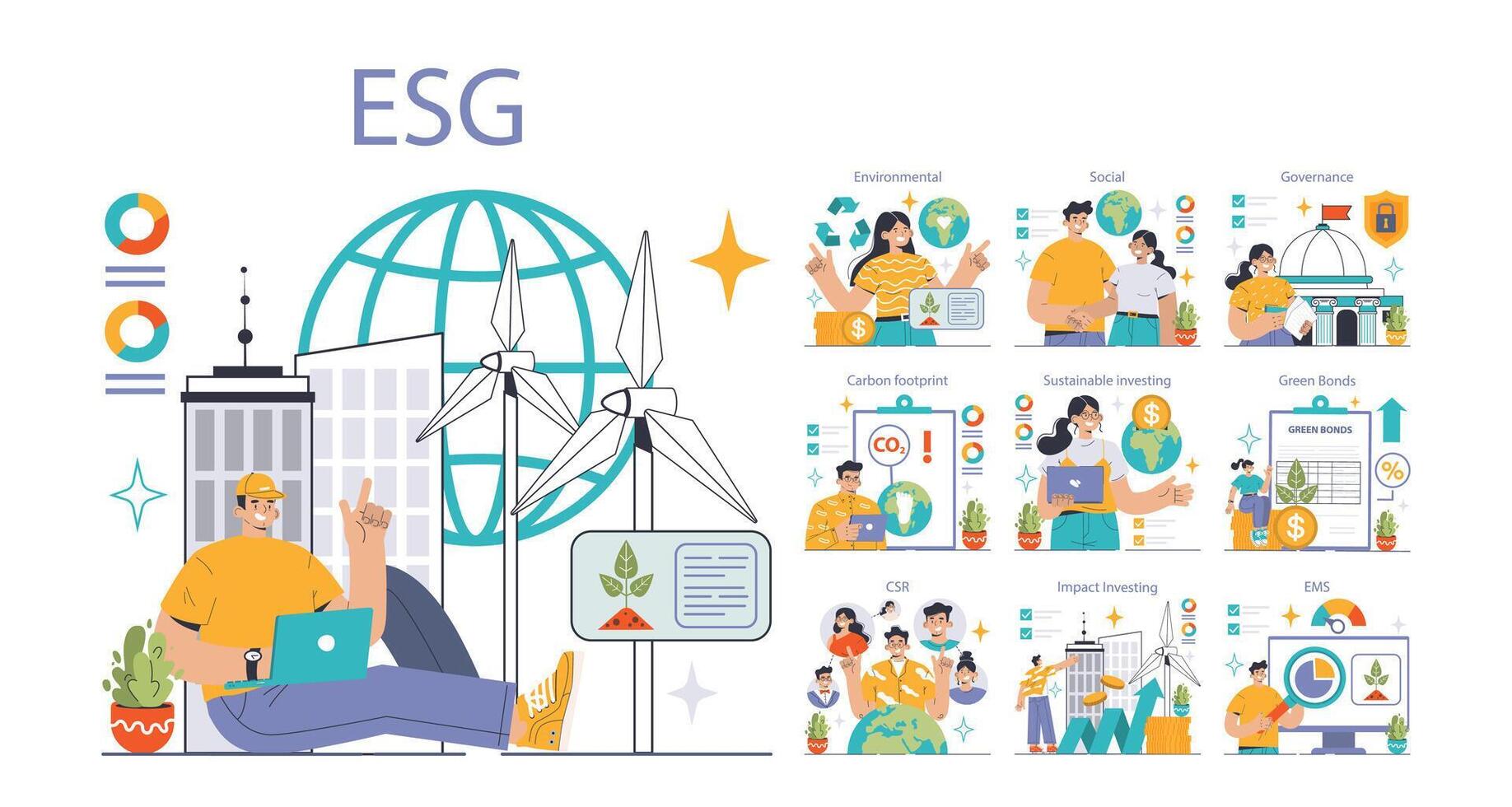 ESG set. Exploring Environmental, Social, Governance factors. vector