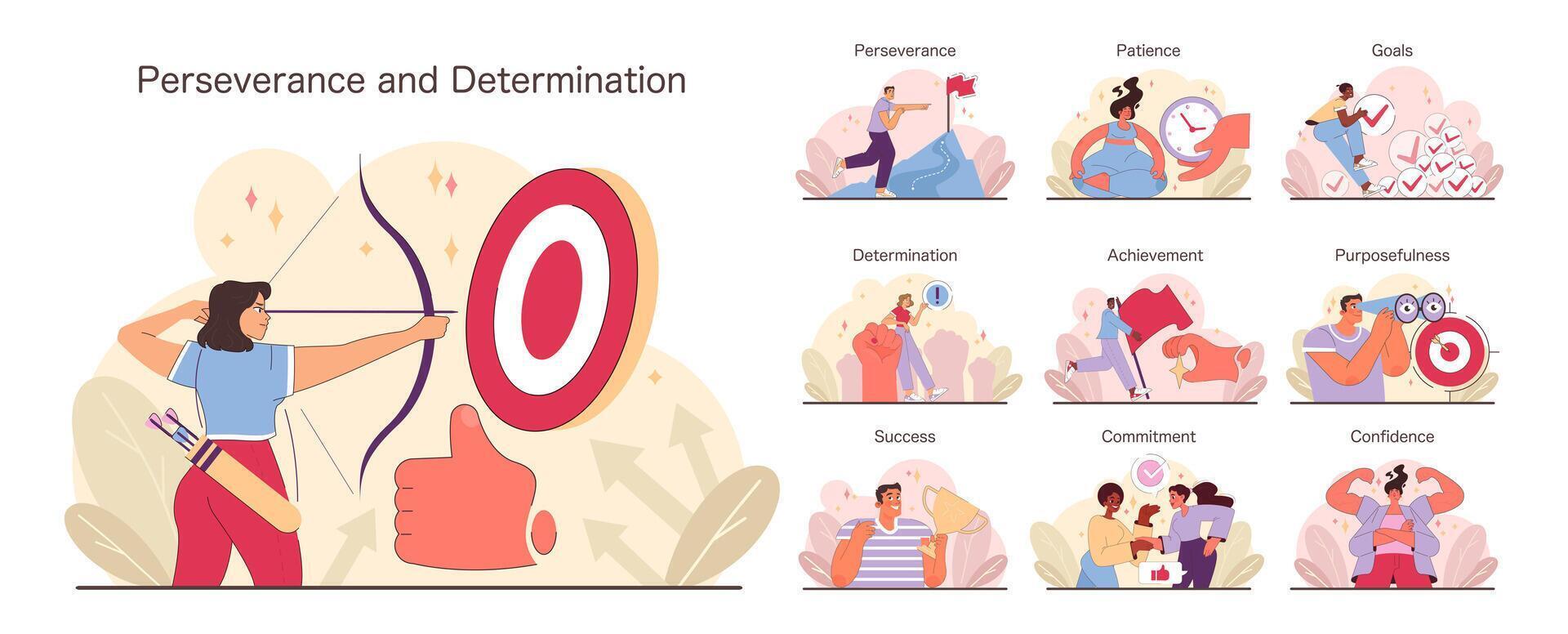 perseverancia y determinación colocar. plano vector ilustración.