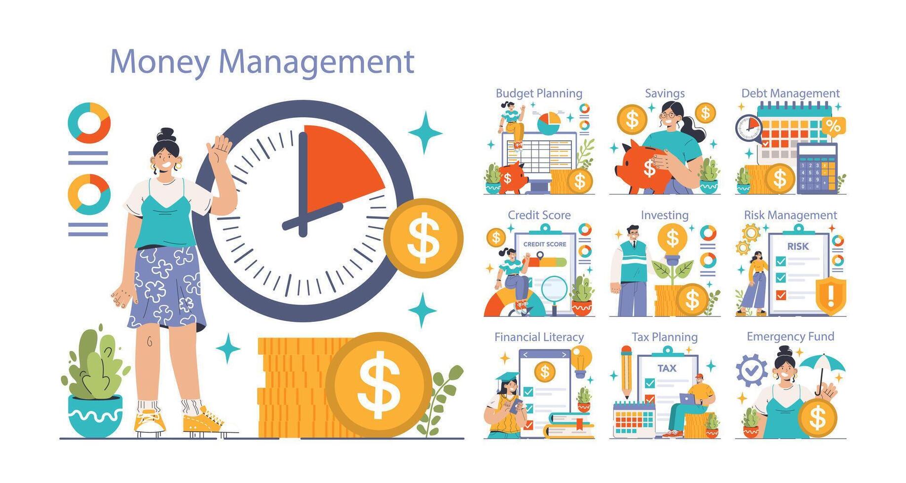 Money Management Essentials set. Flat vector illustration