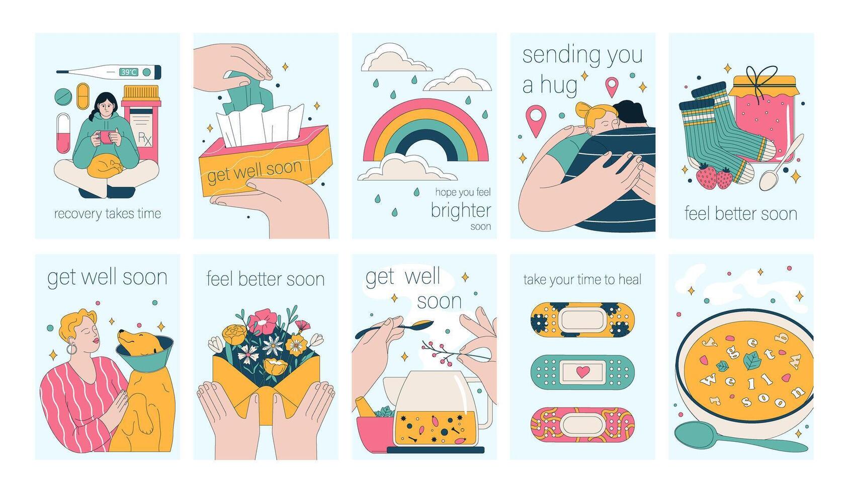 Get well soon card set. Positive and motivational poster with greeting vector