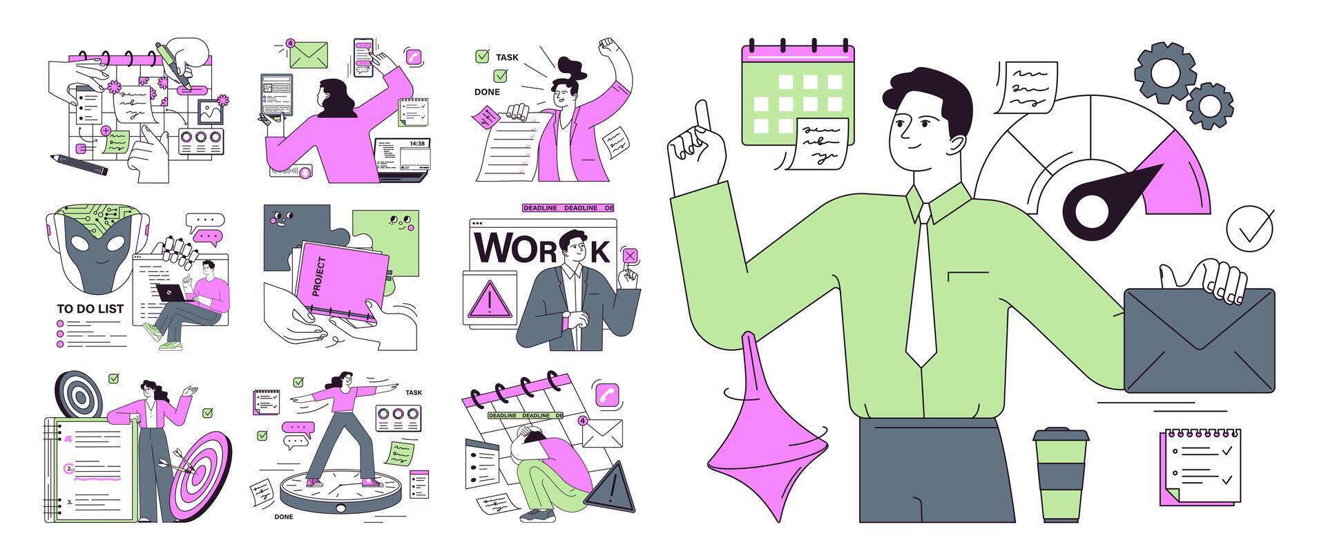 Employee efficiency set. Business character or employee productive multitasking vector