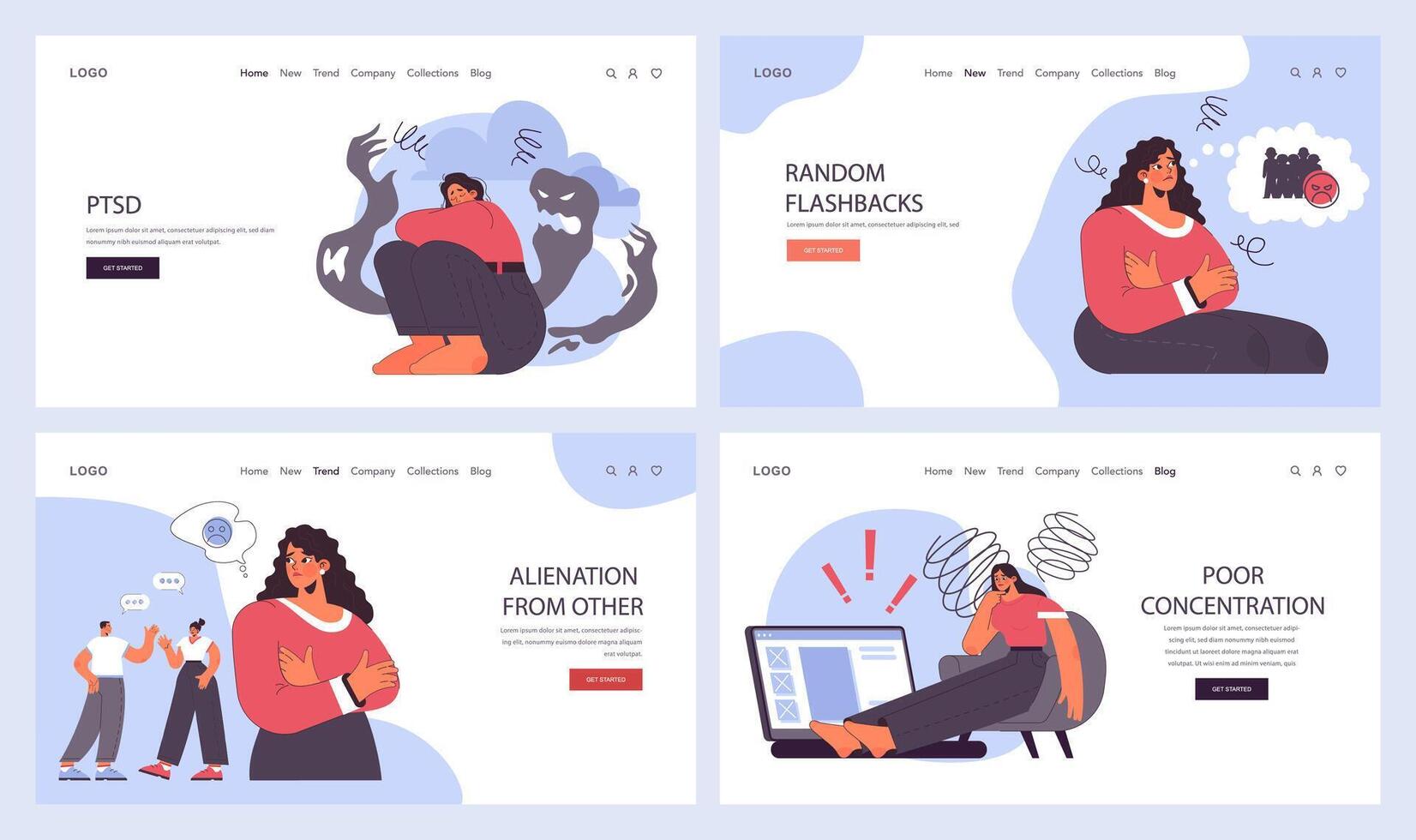 Post traumatic stress disorder web banner or landing page set. vector