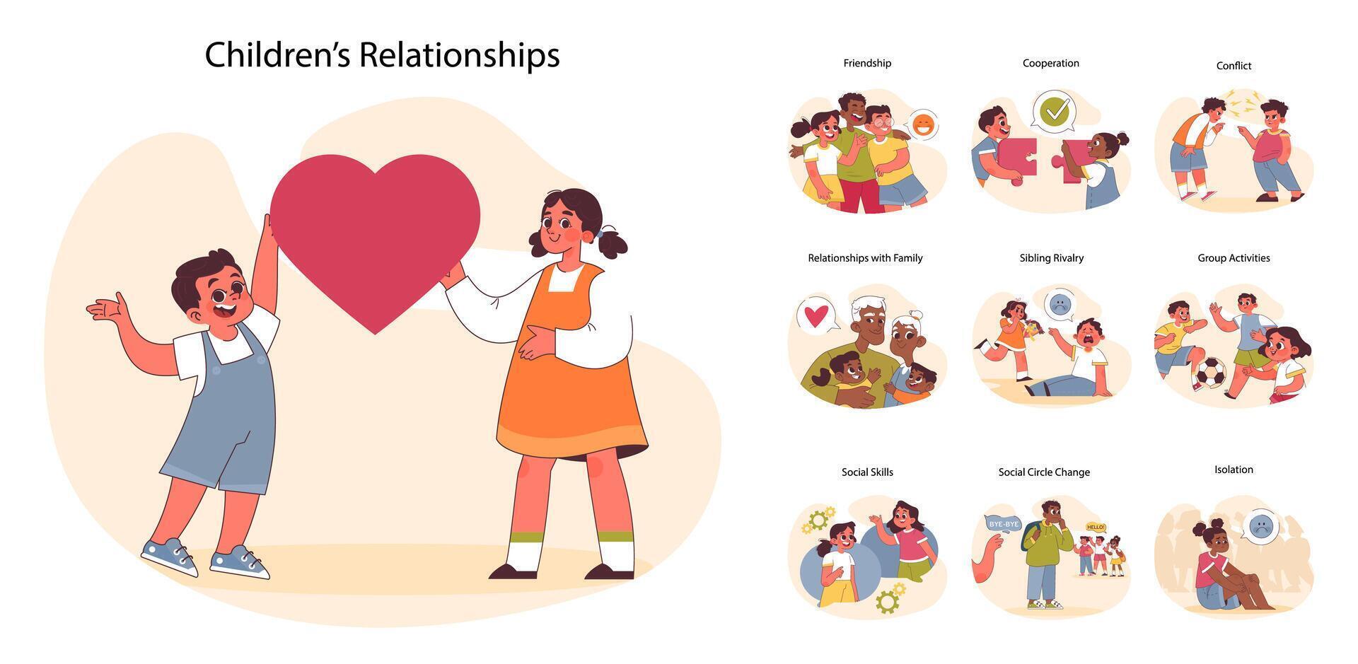 Children's Relationships set. Flat vector illustration