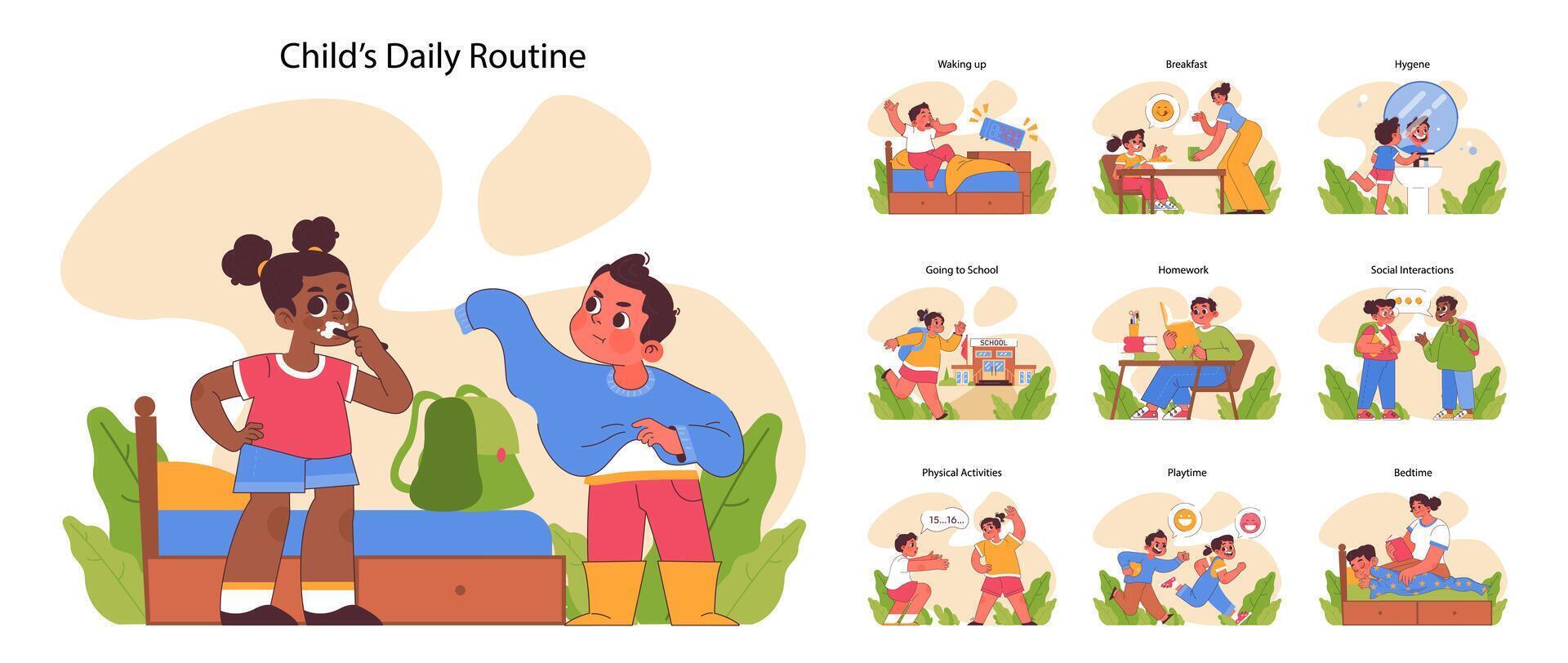 Child's daily routine set. Flat vector illustration.