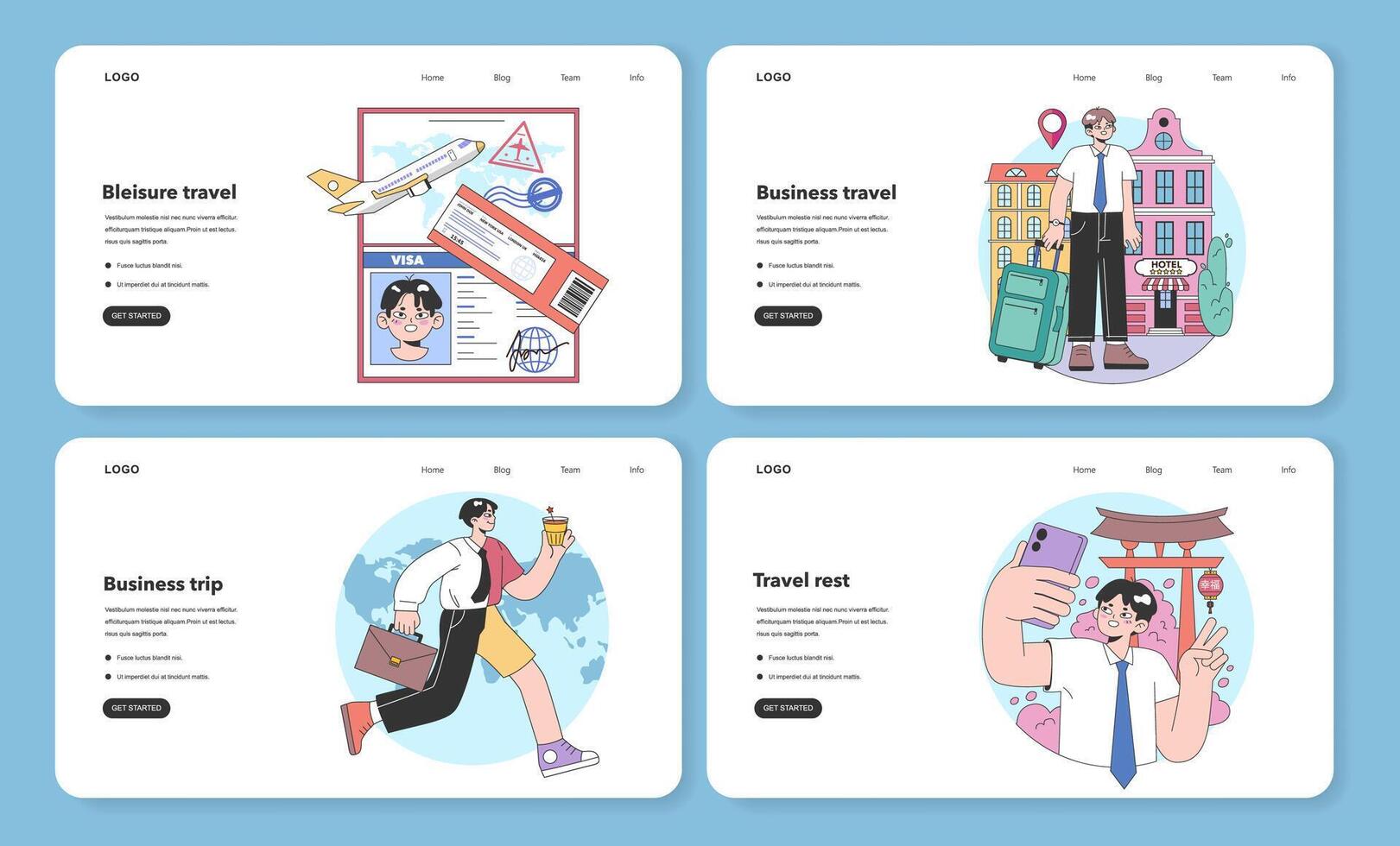 Bleisure travel web banner or landing page set. Business and sightseeing vector