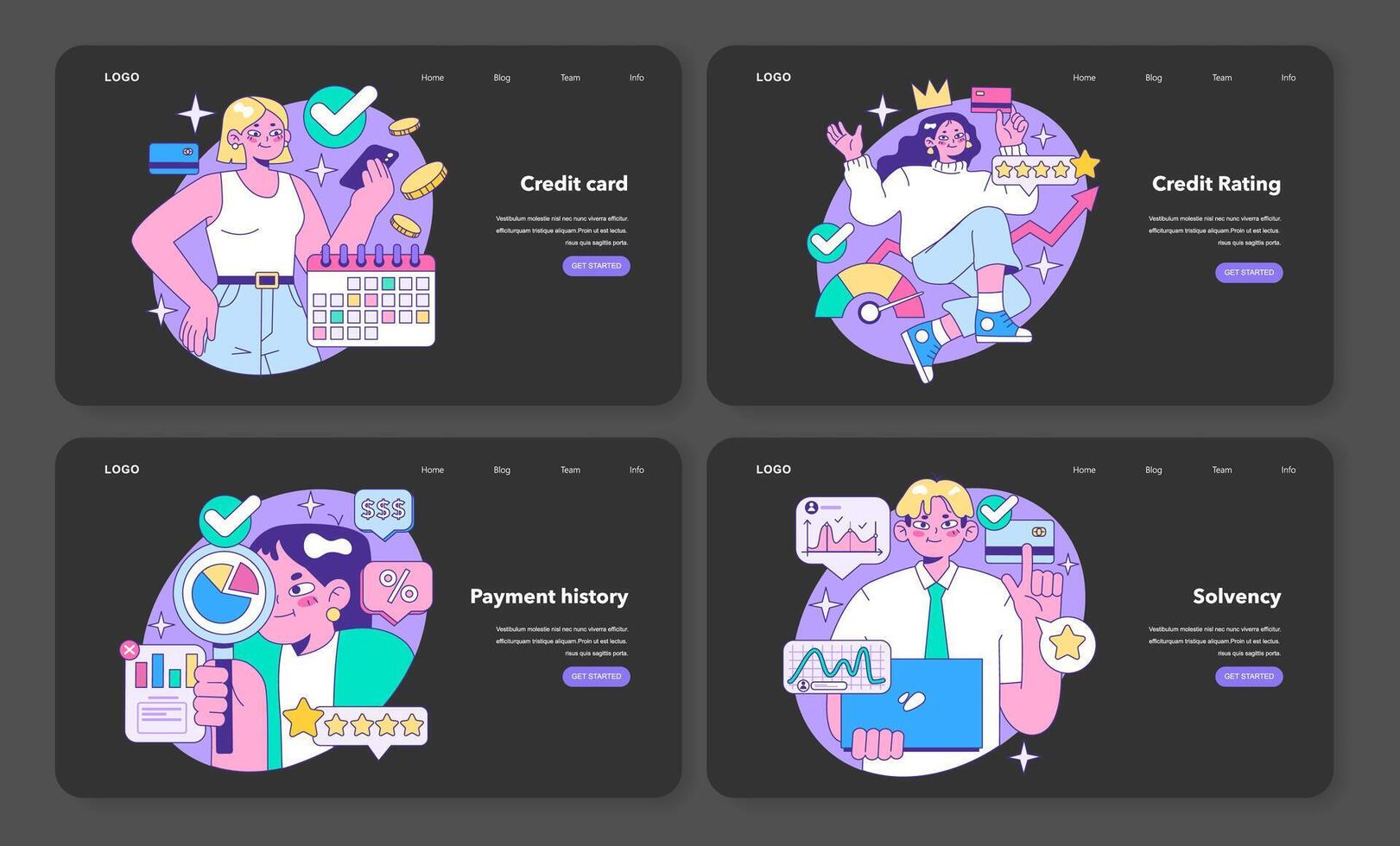 Credit card web banner or landing page night or dark mode set. Bank-offered vector