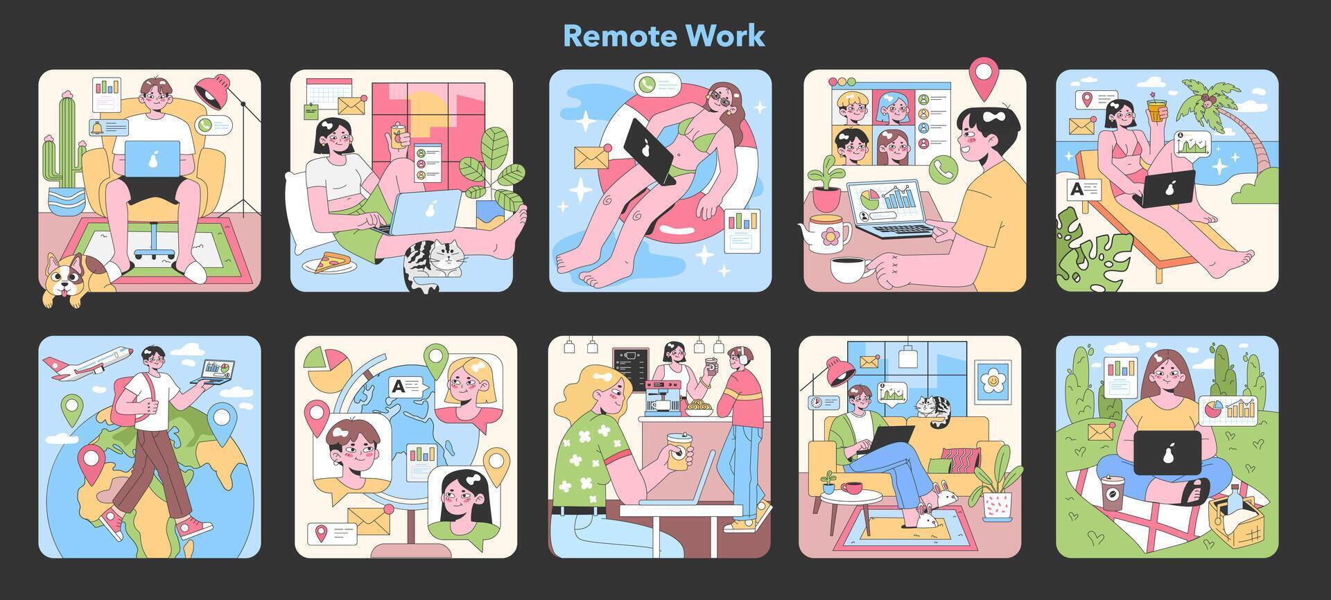 Remote Work set. Flat vector illustration