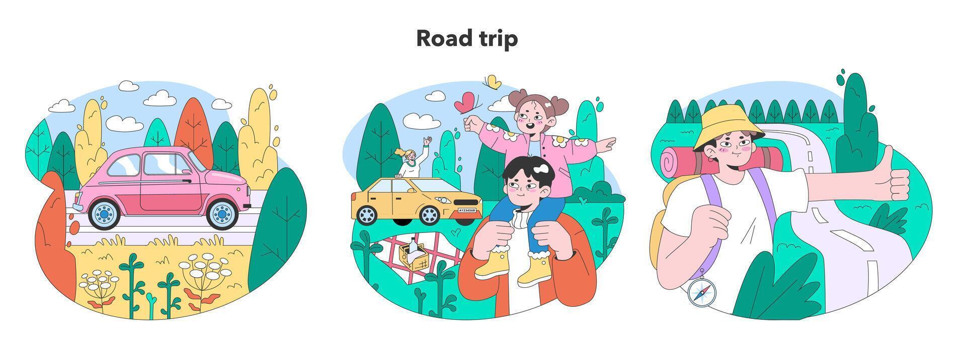 Road trip set. Young people or family going on vacation by a car. vector