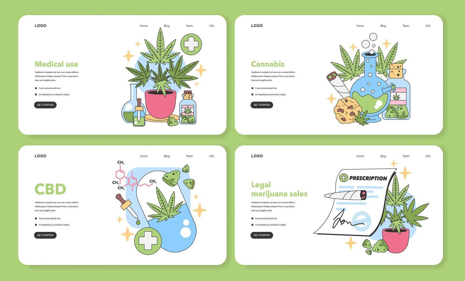 Cannabis website concept set. Flat vector illustration.