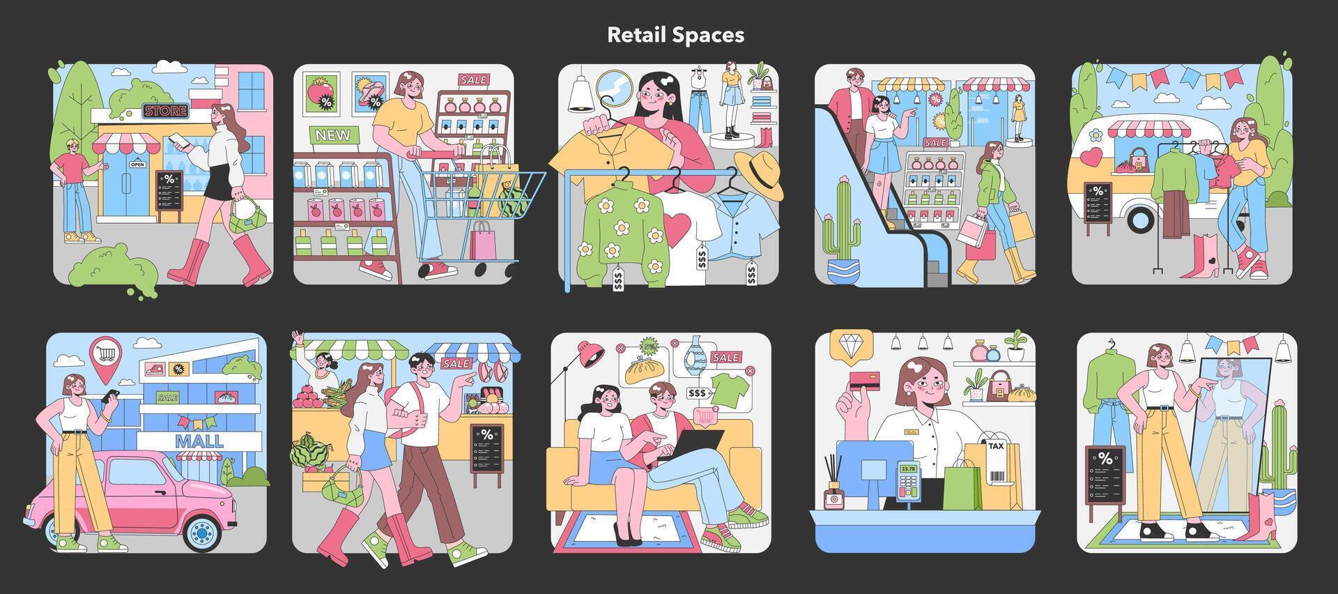 Retail Spaces set. Flat vector illustration