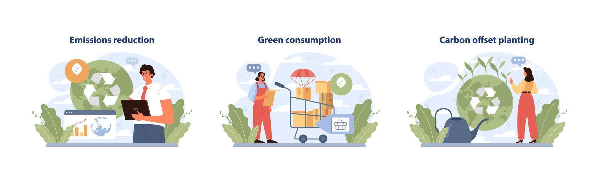 Sustainable practices set. Flat vector illustration