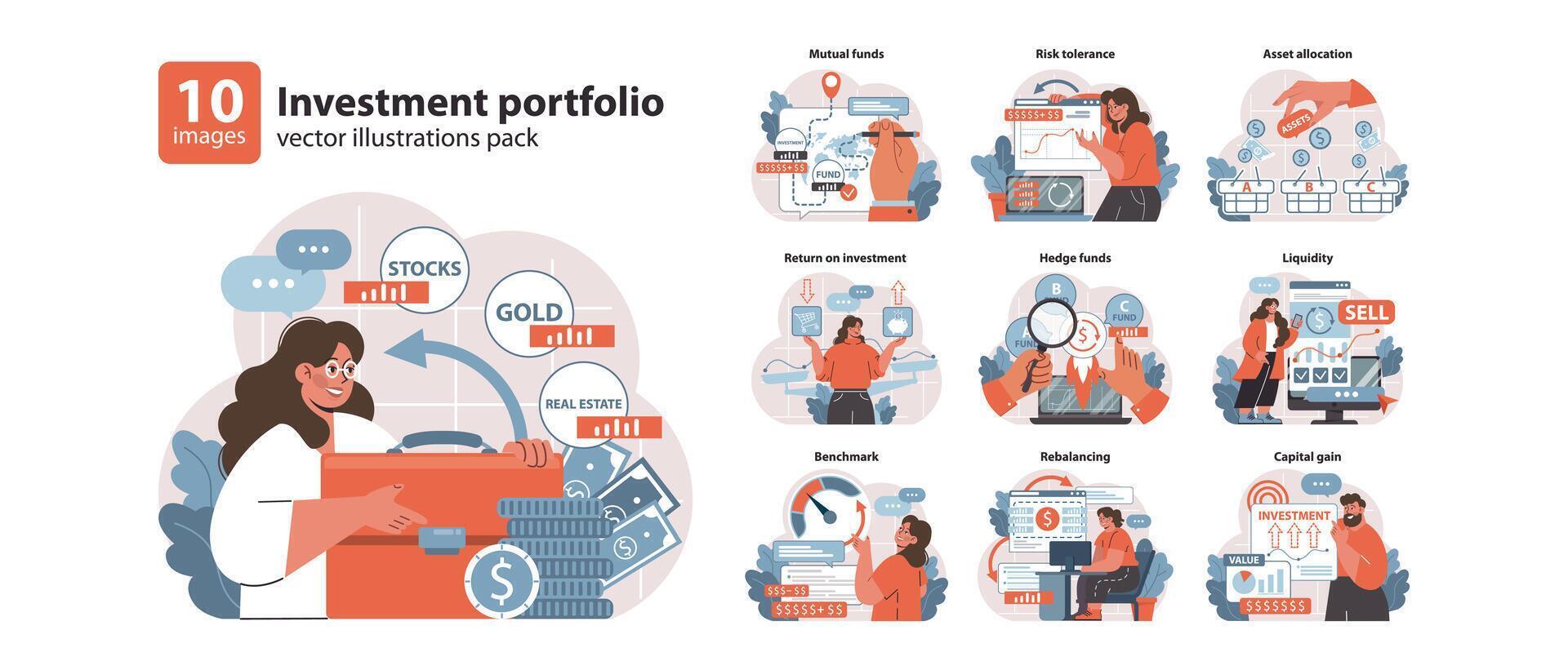 Investment portfolio set. Flat vector illustration.