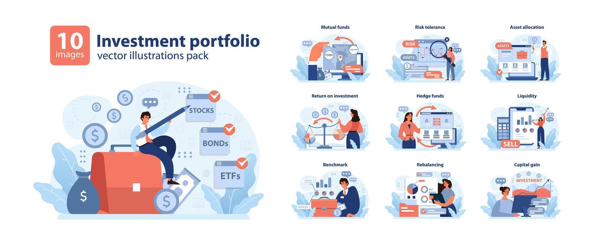 Investment portfolio set. Flat vector illustration