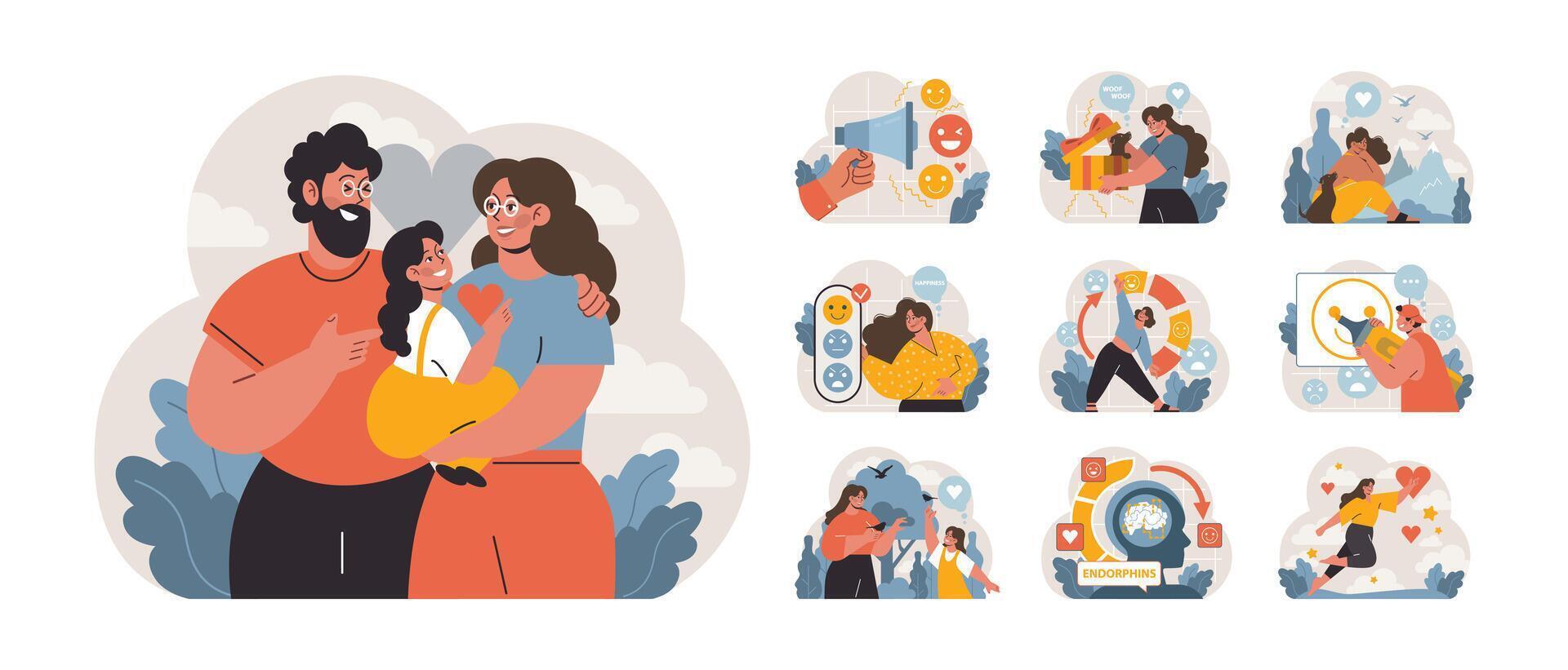 Happiness set. Flat vector illustration