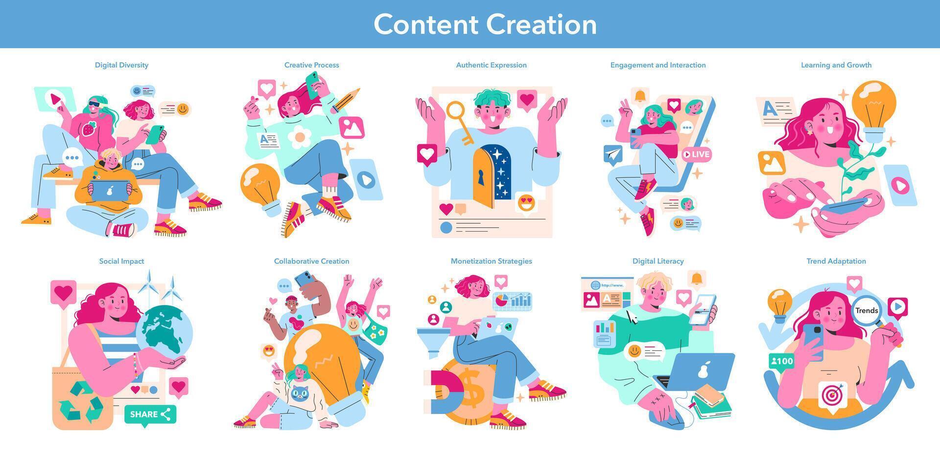 a set of colorful icons for content creation vector