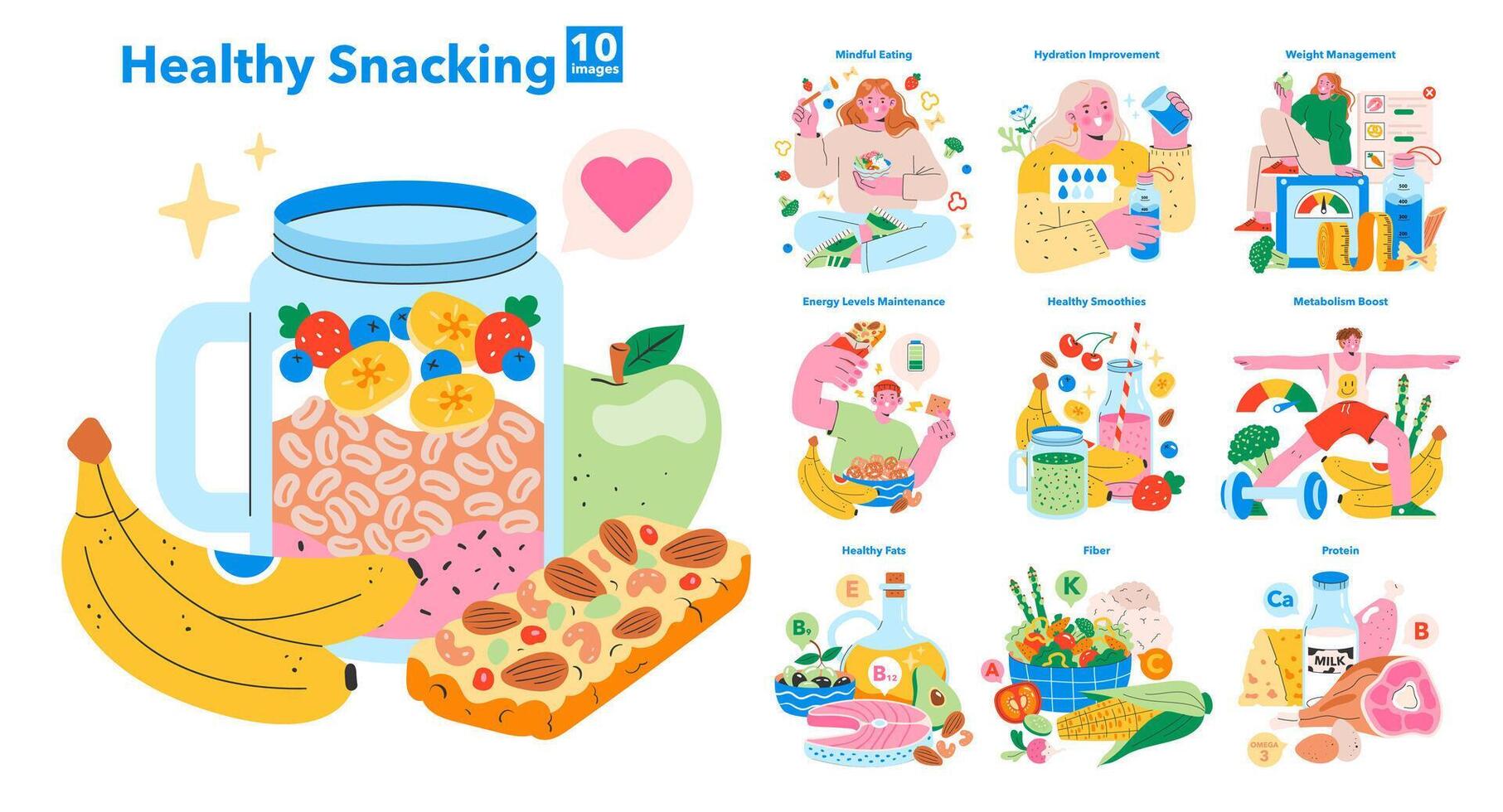 Various healthy snacks featured in this illustration vector